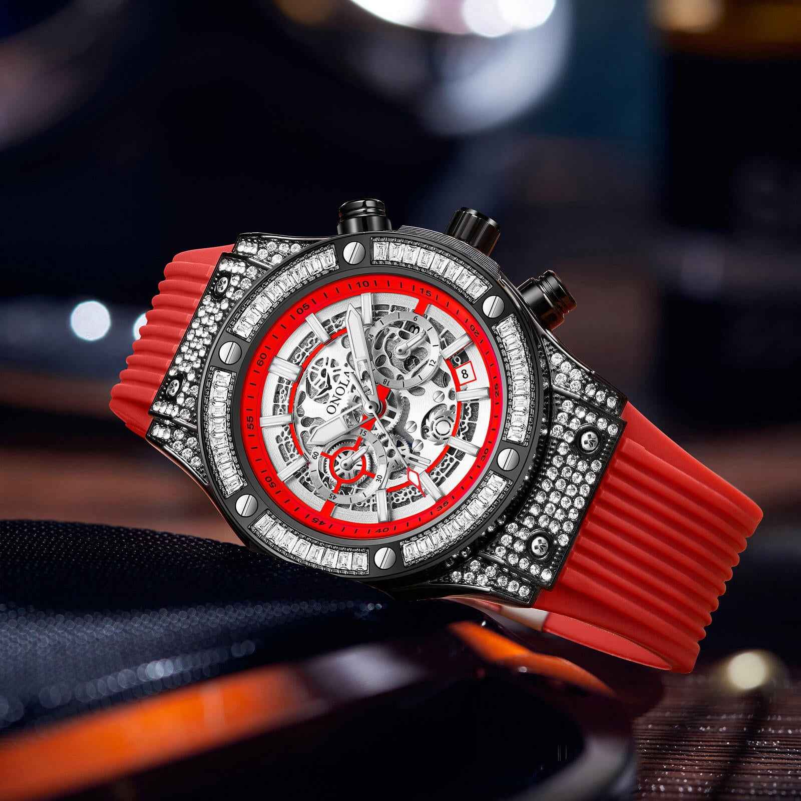 ONOLA Frost 6838 Men's Crystal-Set Skeleton Watch