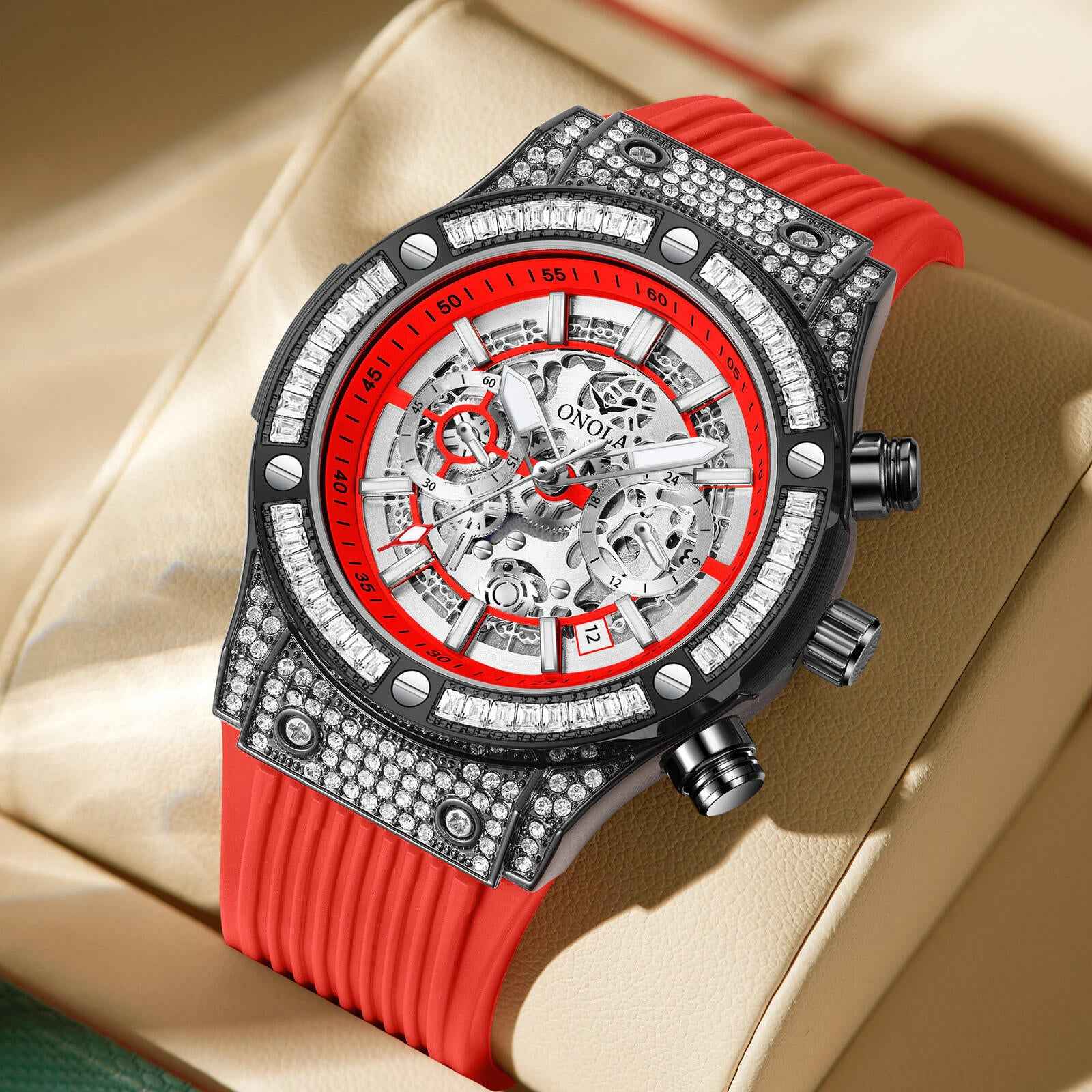 ONOLA Frost 6838 Men's Crystal-Set Skeleton Watch