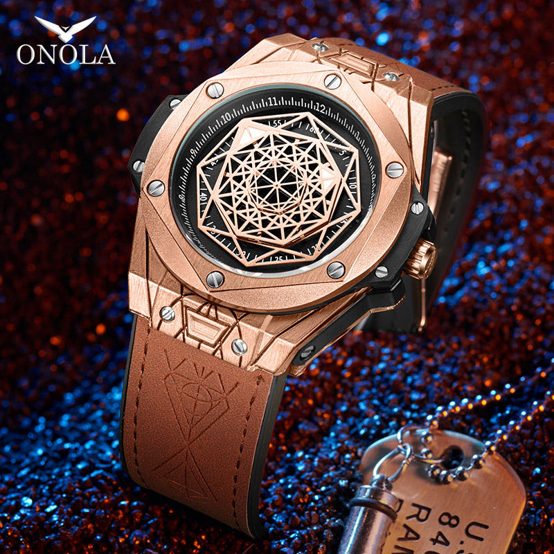 ONOLA 3810 Axis Geometric Dial Leather Strap Quartz Watch